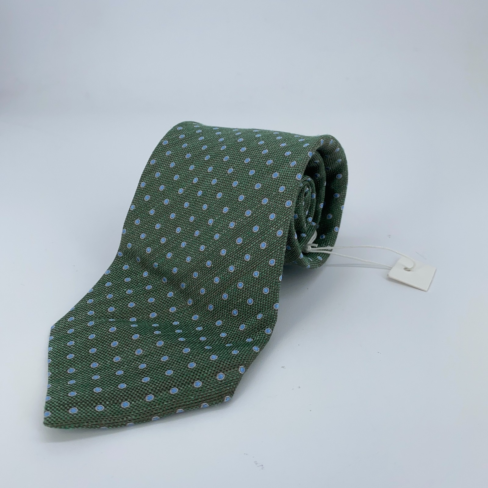 Eton Tie Mens One Size Green Blue Polka Dot Linen Classic Necktie Italy Made
